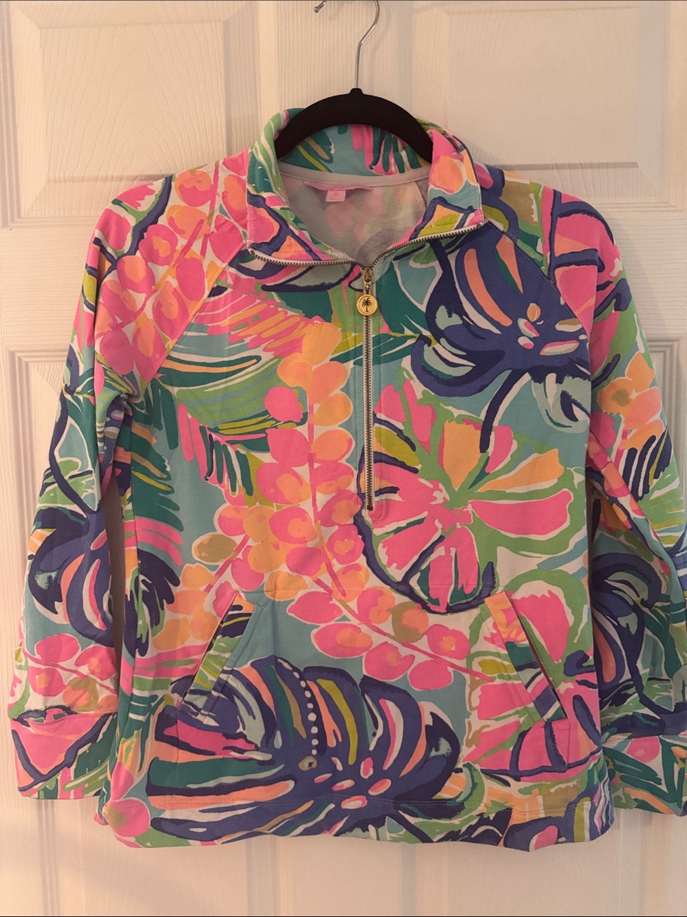 Colorful Tropical Floral Half-Zip Pullover Jacket - Pink & Teal